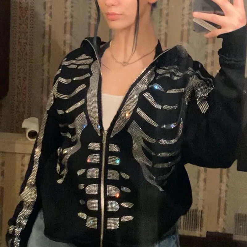 

Толстовка стразы на молнии с капюшоном, толстовка со скелетом, женское спортивное пальто, Готическая Толстовка большого размера с длинным р...