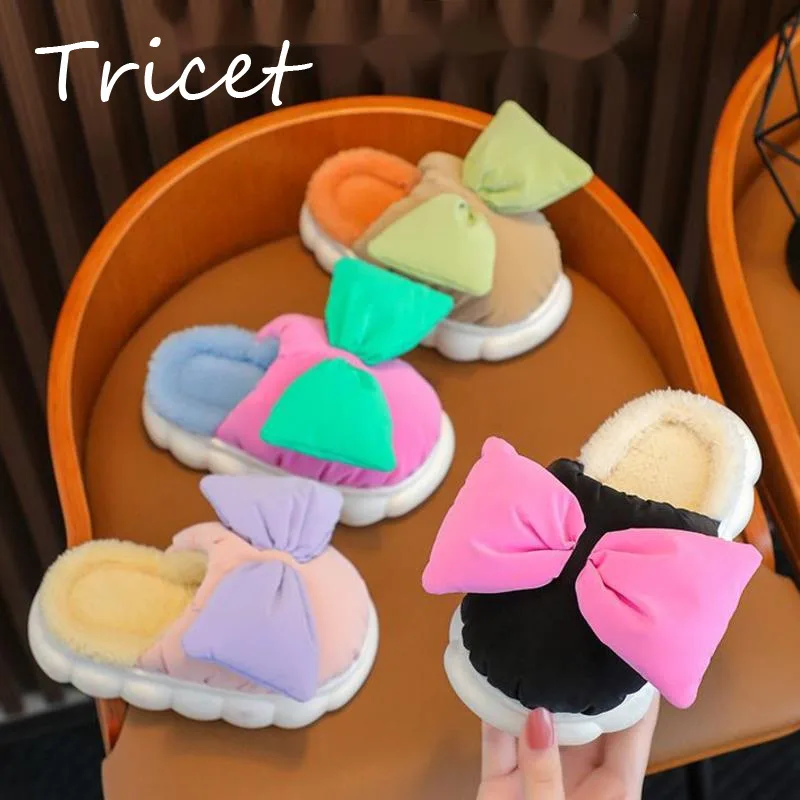 

Big Bow Kids Home Slippers Indoor Plush Warm Non Slip Girls Winter Shoes Fashion Patch Color Soft Bottom Children Flat Slippers