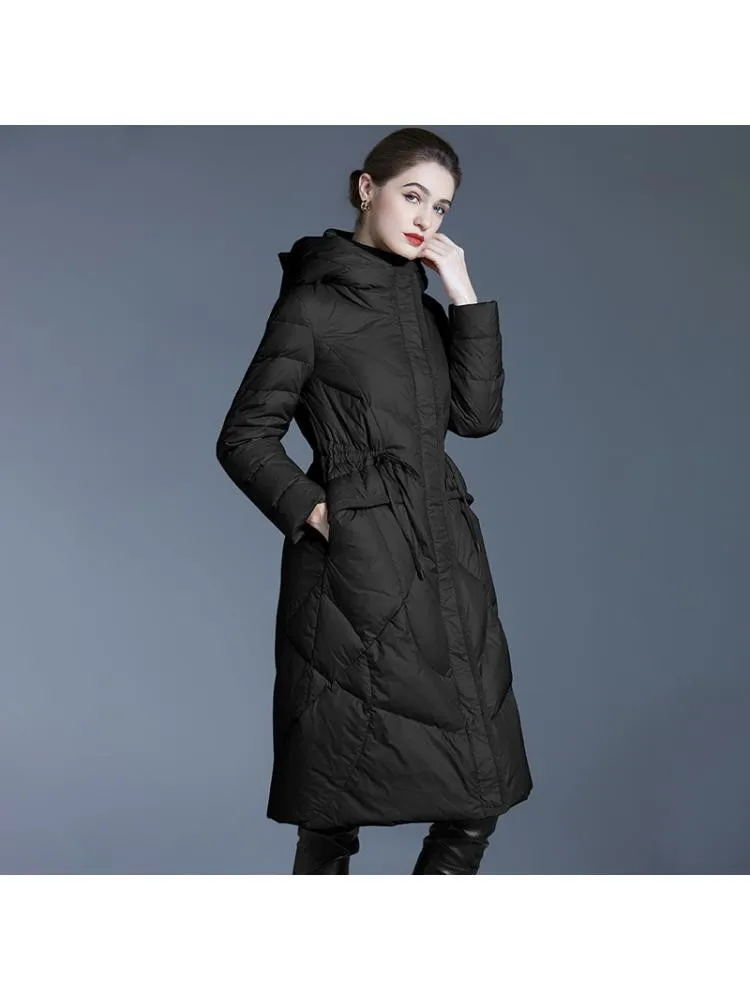 European 2022 Winter Long Thicked Hooded Black Loose High End 90 White Duck Down Coats Women Warmer Jackets