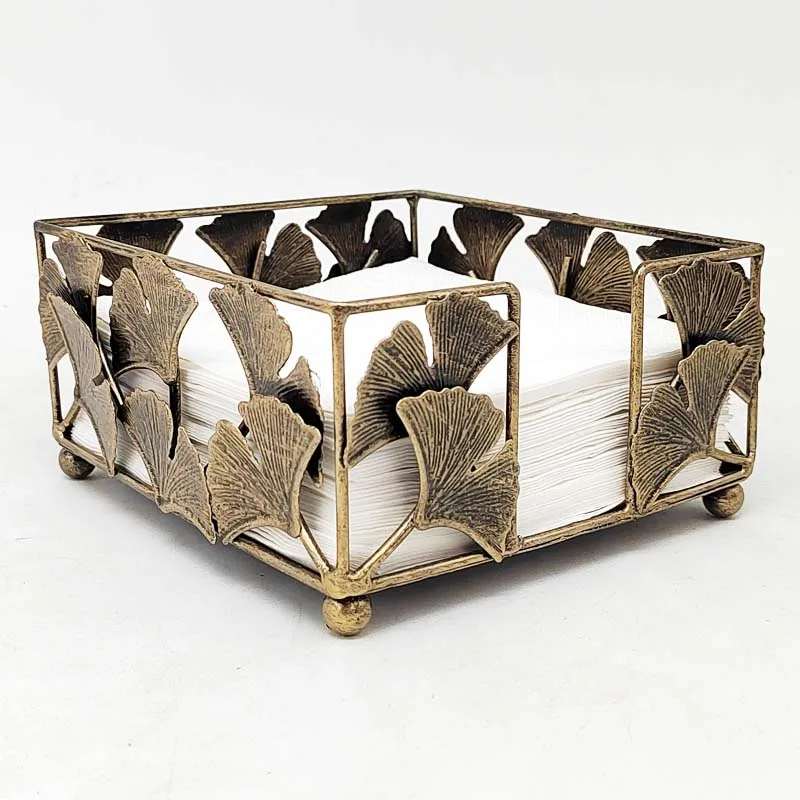 

Квадратный кухонный бытовой железный ящик для хранения салфеток в виде листьев гинкго, креативное настольное украшение в стиле ретро для ресторана