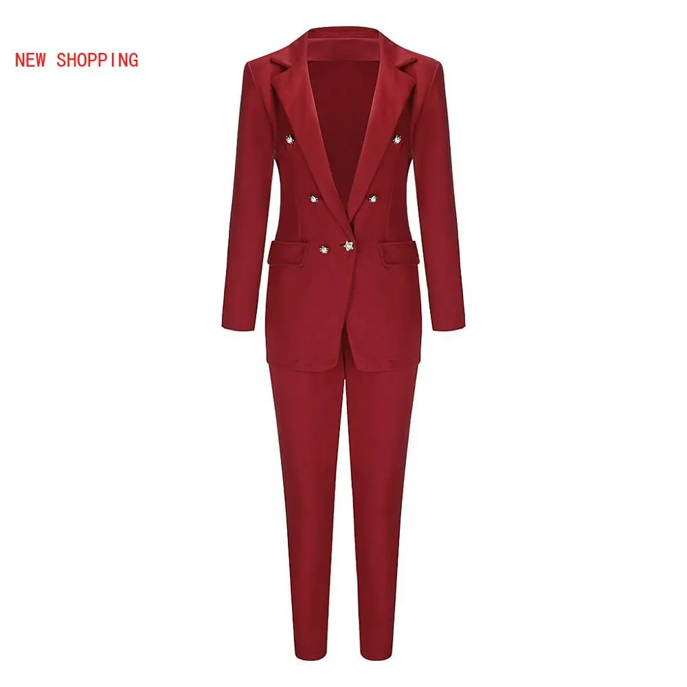 Women's Velvet Winter New Crystal Buckle Set Long Sleeve Jacket & Pants 2 Two Piece Set Celebrity Evening Runway Party Suit Red