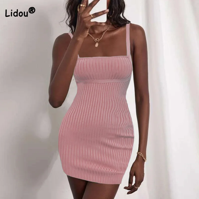 

Vestido De Mujer 2022 Sexy Club Summer Solid Color Pit Strip Knitted Off Shoulder Slip Bag Hip Dress Slim Pullover Mini Skirt