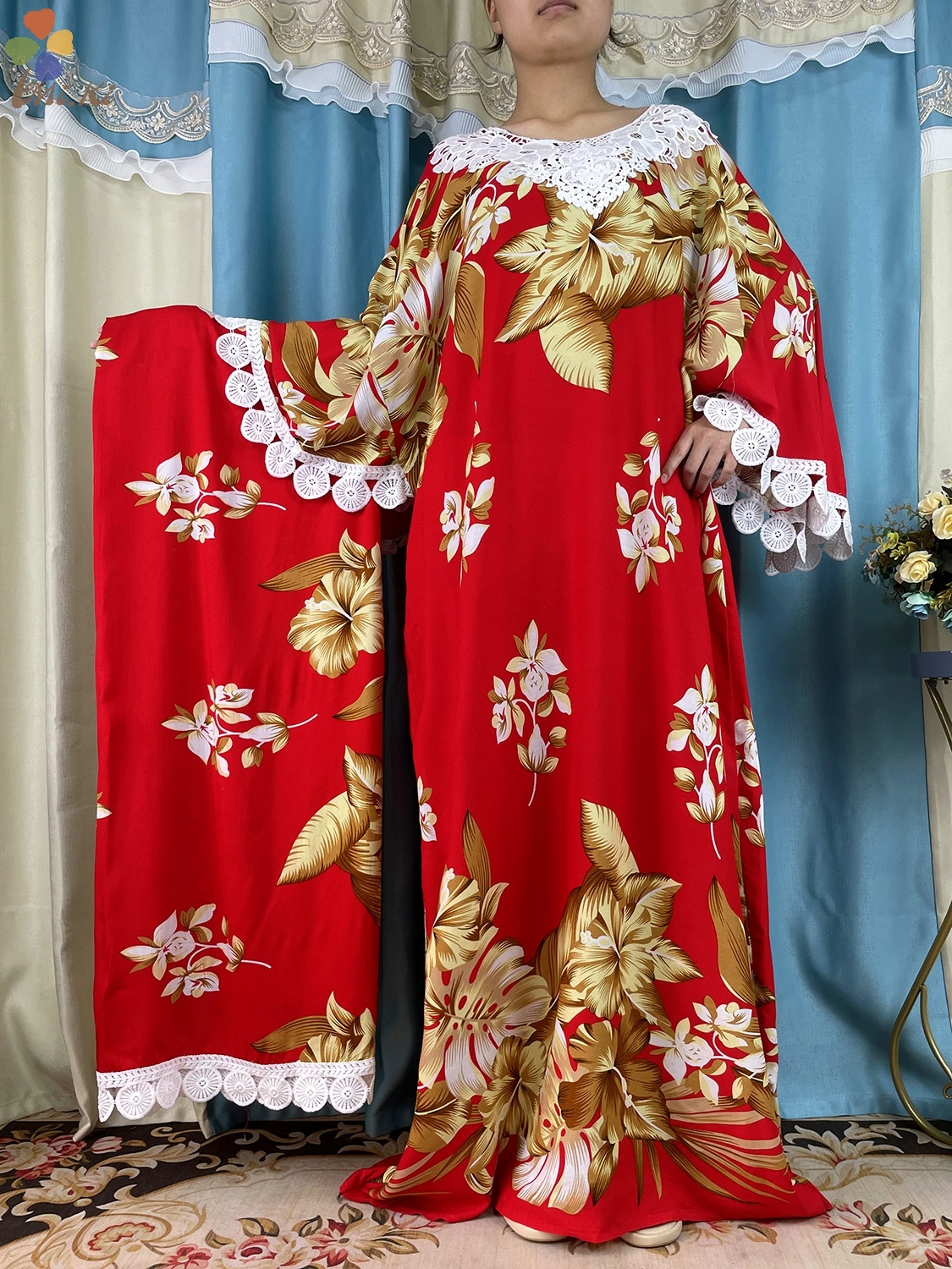 New African Women Tassel Sleeve Floral Printed Cotton Loose Femme Robe African Tradition Woman Dresses Paired witha Large Scarf