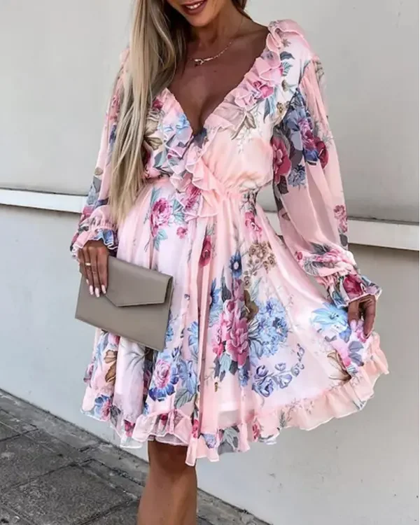 

Chic Polyester V-Neck long-sleeve frill print Ruffles dress woman summer 2022 new Casual midi dresses