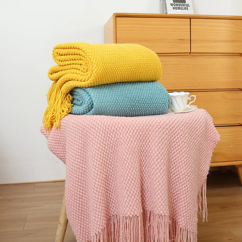 

Knitted Blanket Corn Grain Waffle Embossed Knitted Sofa Cover With Tassels Throw Blanket Bedspread 130x180cm 130x230cm
