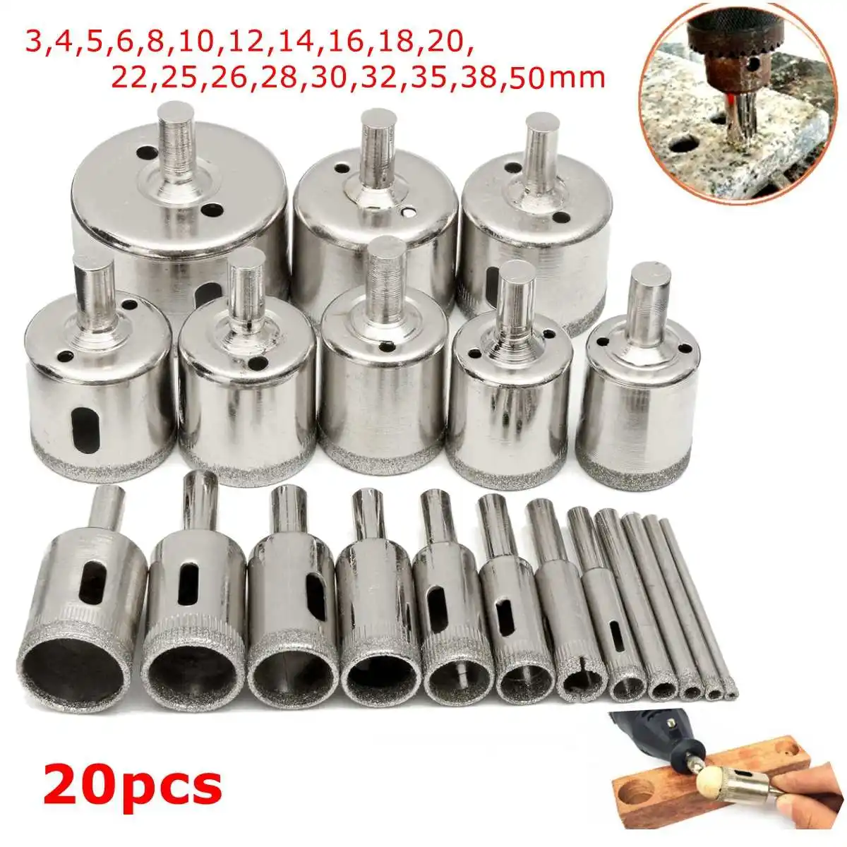

20pcs/set Diamond Coated Drill Bit Set Tile Marble Glass Ceramic Hole Saw Drilling Bits For Power Tools 3mm-50mm
