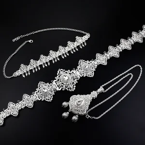 Sunspicems Silver Color Algeira Bridal Wedding Jewelry Sets Crystal Caftan Belt Pendant Necklace Hair Chain Arabic Robe Bijoux