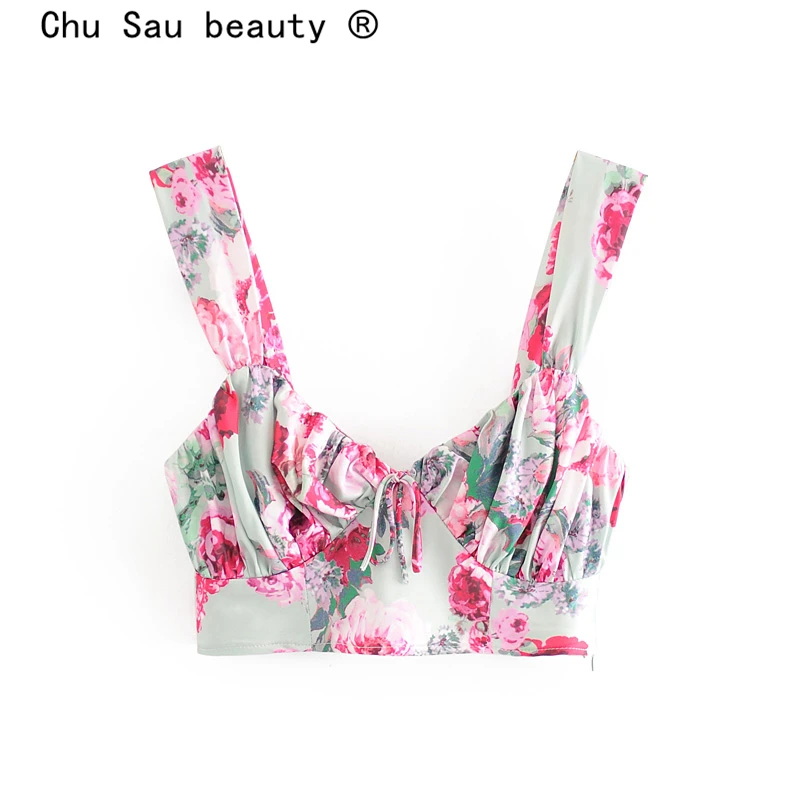 

Chu Sau beauty New Fashion Casual Floral Print Sling Crop Tops Women Sexy Deep V-neck Sleeveless Backless Summer Ladies Blouses