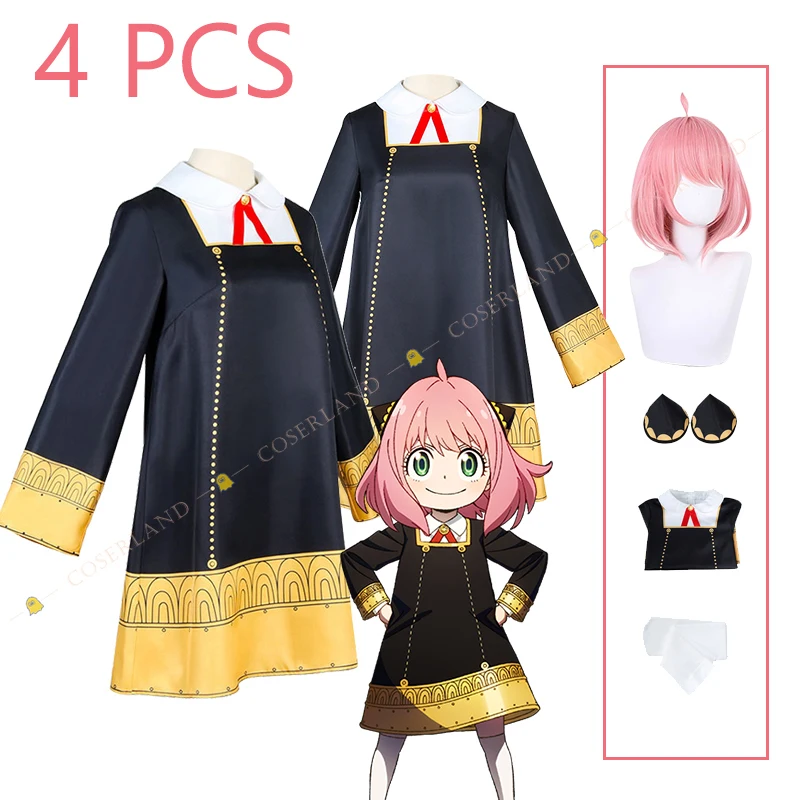 

Kids Adults Anya Forger Cosplay Costume Anime Spy x Family Black Dress Cute Girls Woman Dress Pink Wig Carnival Role Play Outfit