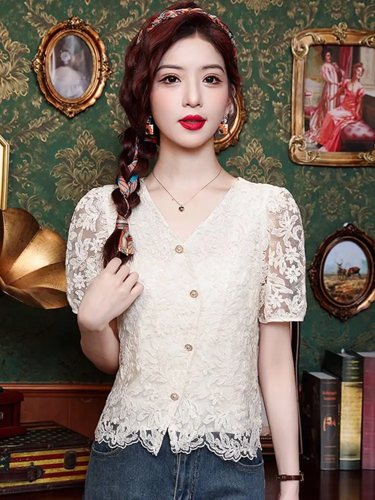 Женская кружевная рубашка Fairy Beau ~ Chic Palace Sle с коротким рукавом Новинка лета 2024