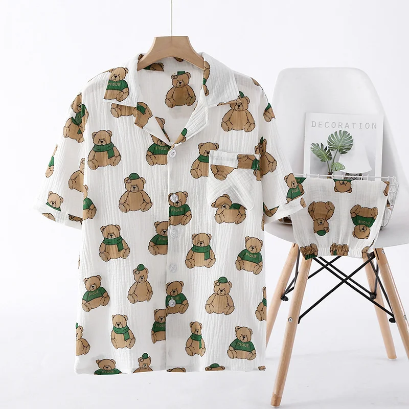 Couple Pajamas Short Sleeve Shorts Suit Green Bear Printing New Summer Cartoon Crepe Swallowtail Women Men Cute Home Clothes Set
