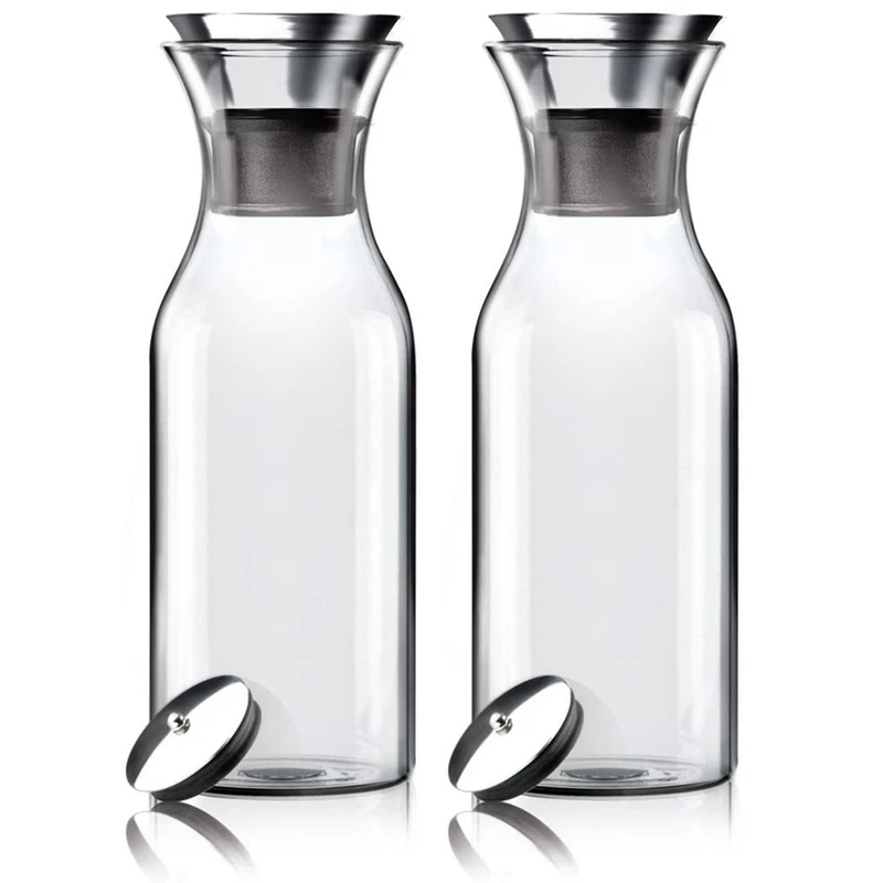 

2Pcs 35 Oz Glass Carafe With Stainless Steel Silicone Flip-Top Flow Lid - Glass Water Pitcher Fridge Ice Tea Maker