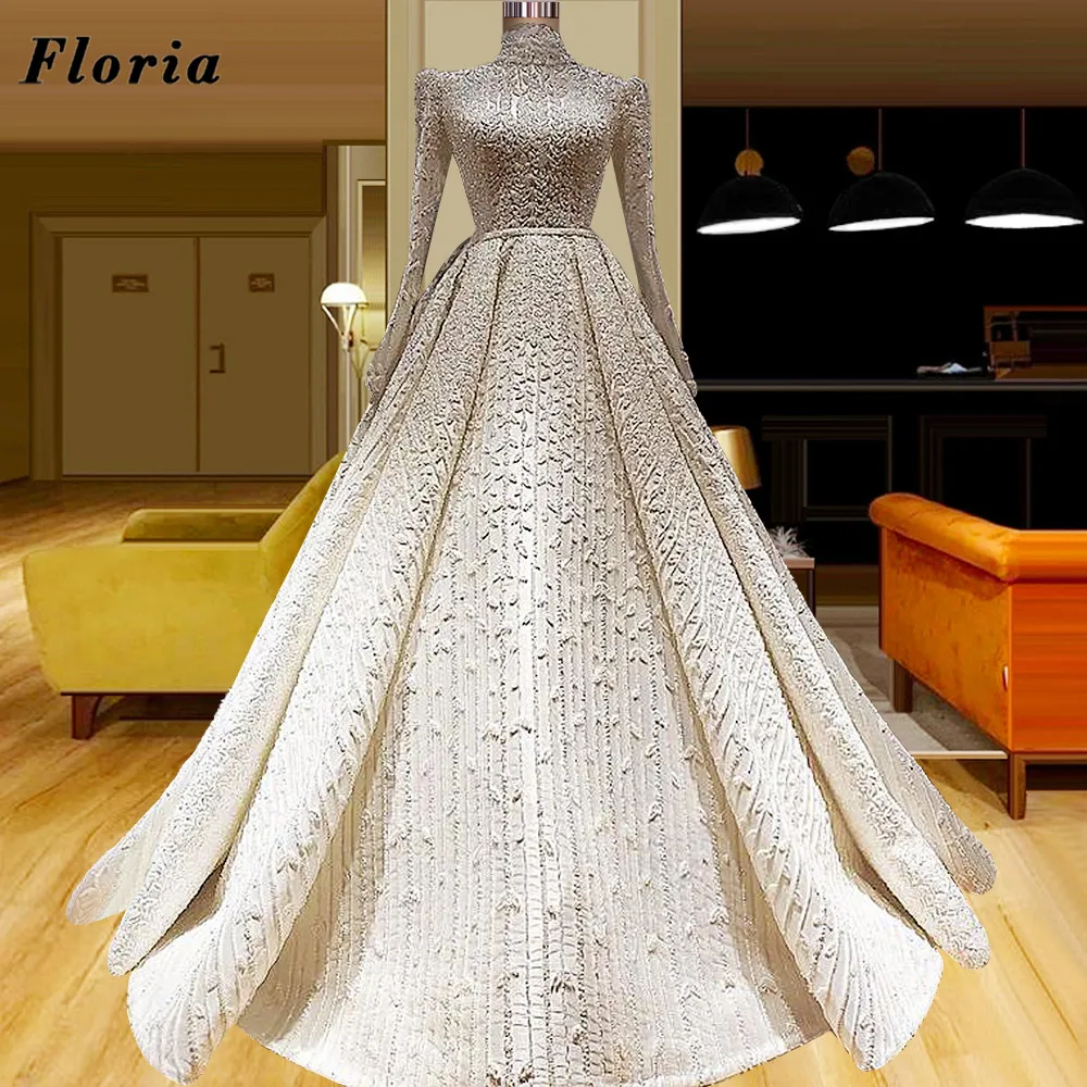 

Floria Luxury Long Beading Evening Dresses Couture Dubai Sweep Train Wedding Party Dress Engagement Gowns Vestidos De Fiesta