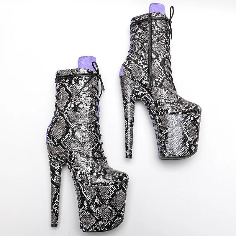 Leecabe  20CM/8inches snakeskin  upper lace up  ankle boots fashion shoes  High Heel platform Pole Dance boot