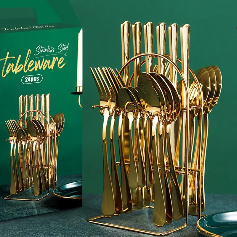 

Набор посуды из нержавеющей стали, 24 шт., золото покрытый металлом нож, вилка, ложка, стеллаж для хранения, домашняя кухня, ресторан, подарочн...