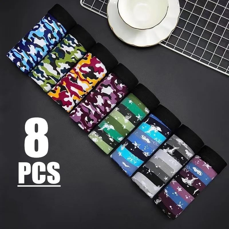 

8pcs/Lot Men's Underwear Fasion Trend Comfortable Soft Fabric Boxer Sorts Mid Waist Striped Camouflae Breatable Boxer Sorts