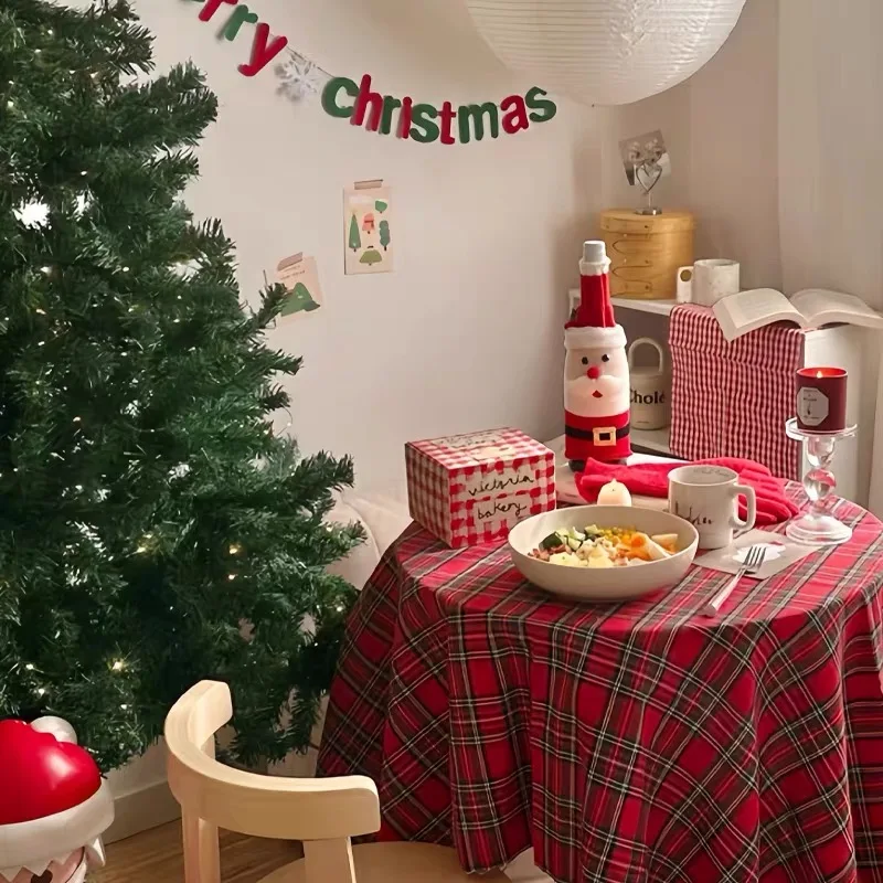 

Круглая скатерть, рождественское украшение, клетчатое покрытие для стола на Новый год, семейный сбор, ресторан, вечеринка, ужин, украшение для дома