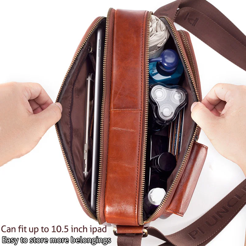 Men Genuine Leather Briefcase Top Layer Leather Male Business Office Tote Bag Crossbody Handbags 10.5'' Ipad Travel Bag Backpack