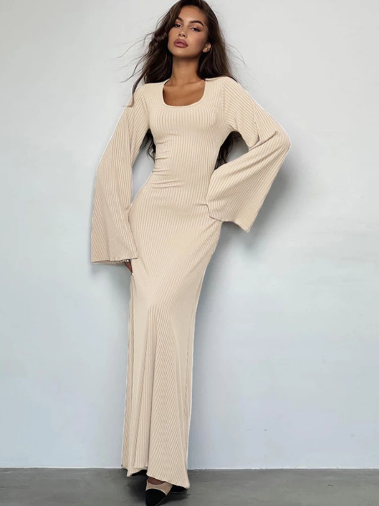 

Ribbed Dresses Women Autumn Winter Square Collar Flare Sleeve Bodycon Bandage Dress Elegant Party Evening Maxi Dresses Pink Grey