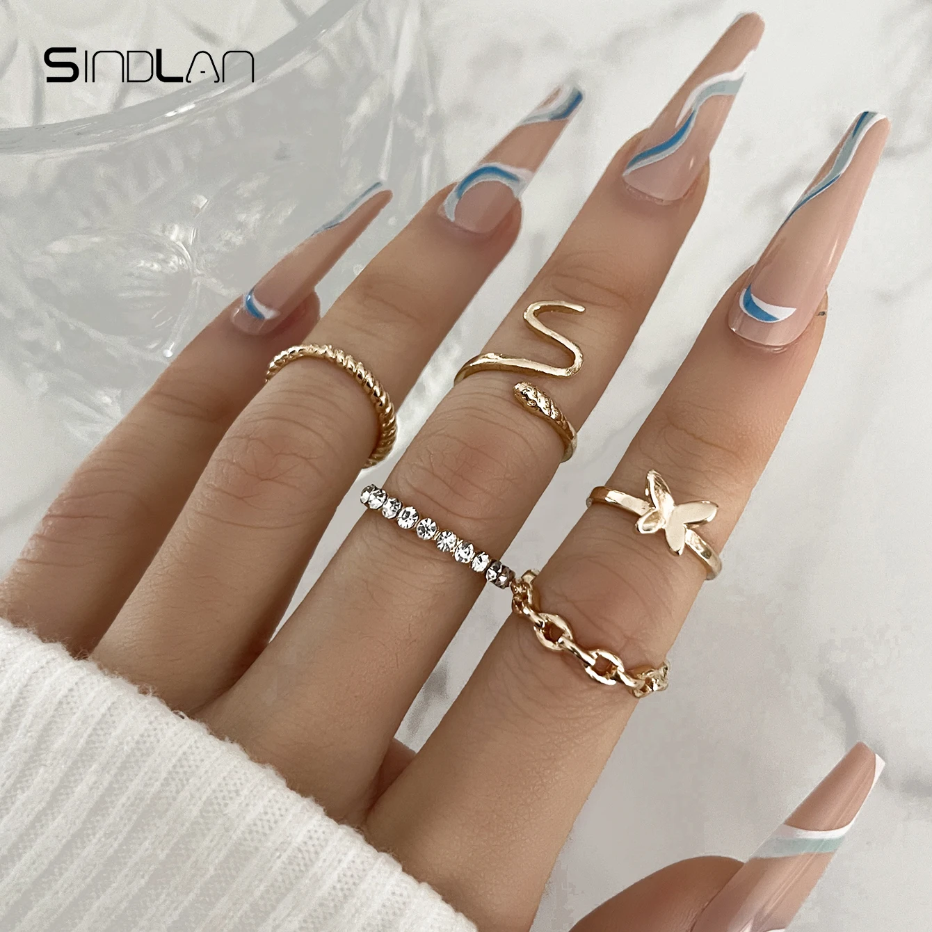 

Sindlan 5Pcs Vintage Crystal Butterfly Gold Rings for Women Punk Snake Geometric Set Female Kpop Fashion Jewelry Anillos Mujer