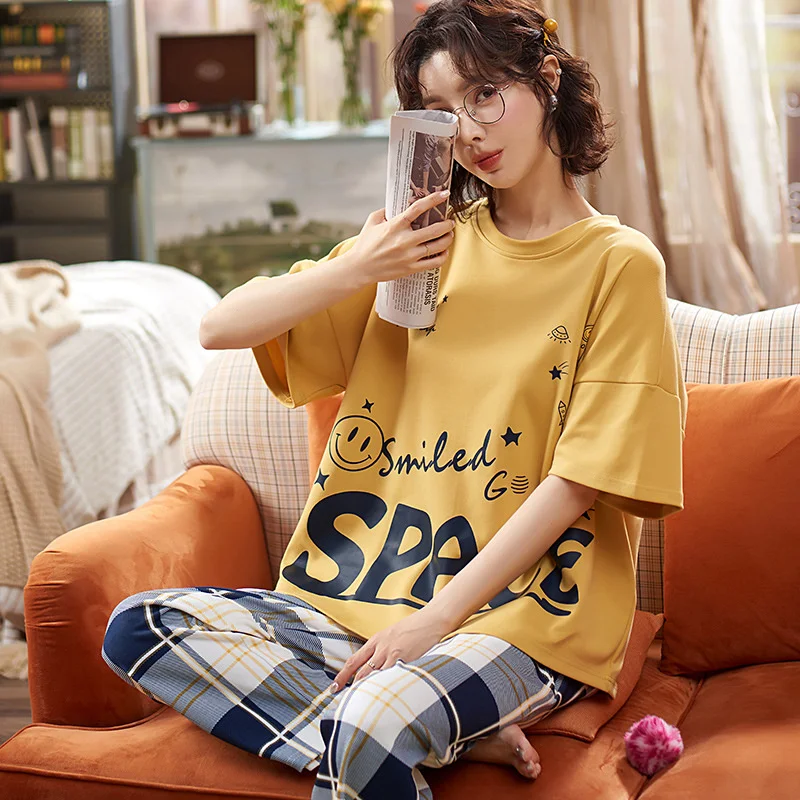 2022 new style pajamas women's summer short sleeved trousers pure cotton  cartoon cute girls can wear home clothes in summer