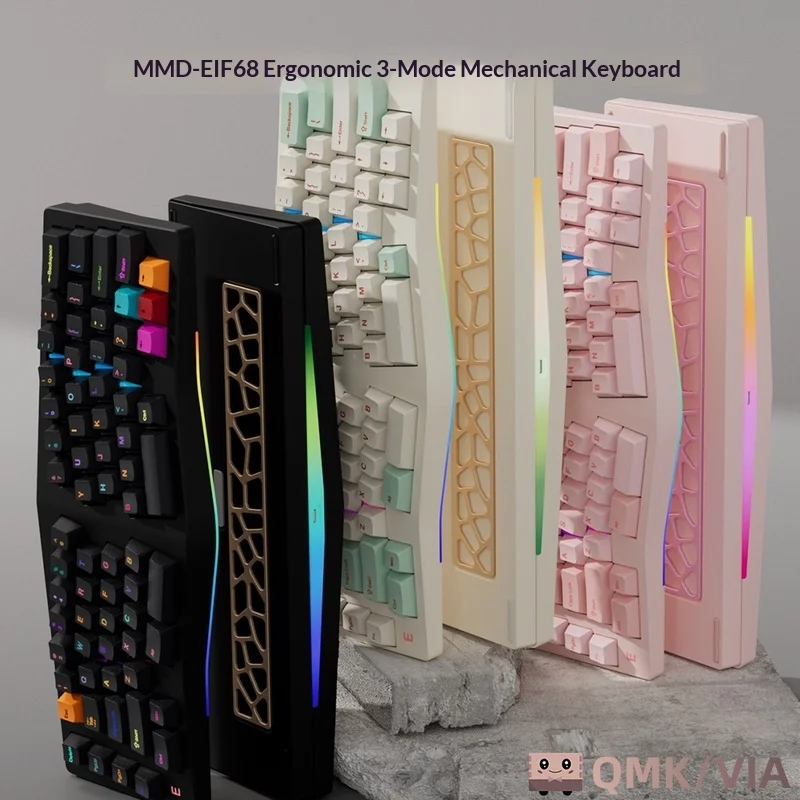 Фото Эргономичная механическая клавиатура Fmouse Eif68 Trimode с Bluetooth, 2.4G, проводным подключением, возможностью горячей замены переключателей (Hot-Swap) через QMK, с подставкой для запястья, для офиса и игр. №4