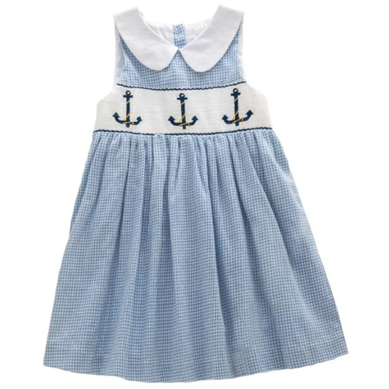 

Girls lapel casual dress summer new pleated embroidery British style sleeveless princess plaid children