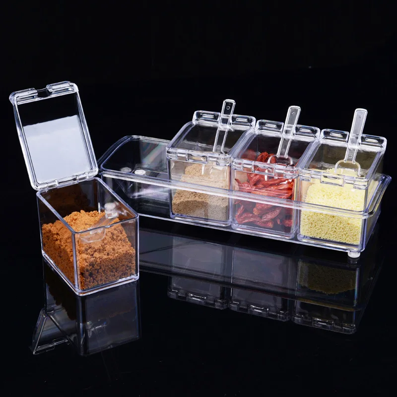 

4 Grids Transparent Seasoning Box Rack Spice Pots Storage Container Cruet Seasoning Jars Spice Pantry Kitchen Container Jar