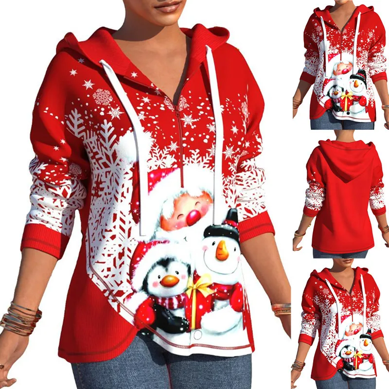 

New Christmas Hoodie Printed Long Sleeve Zip Hoodie Women's Sweatshirt