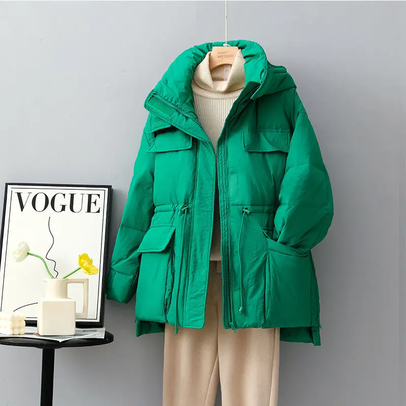 

Hooded Cotton Padded Loose Thicken Women Jacket Winter Snow Wear Windproof Warm Parkas Korean Long Sleeve Pockets Coat T196