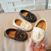 korean style kids casual moccasin shoes 2022 spring new boys and girls solid beige leather splicing children flats drop shipping