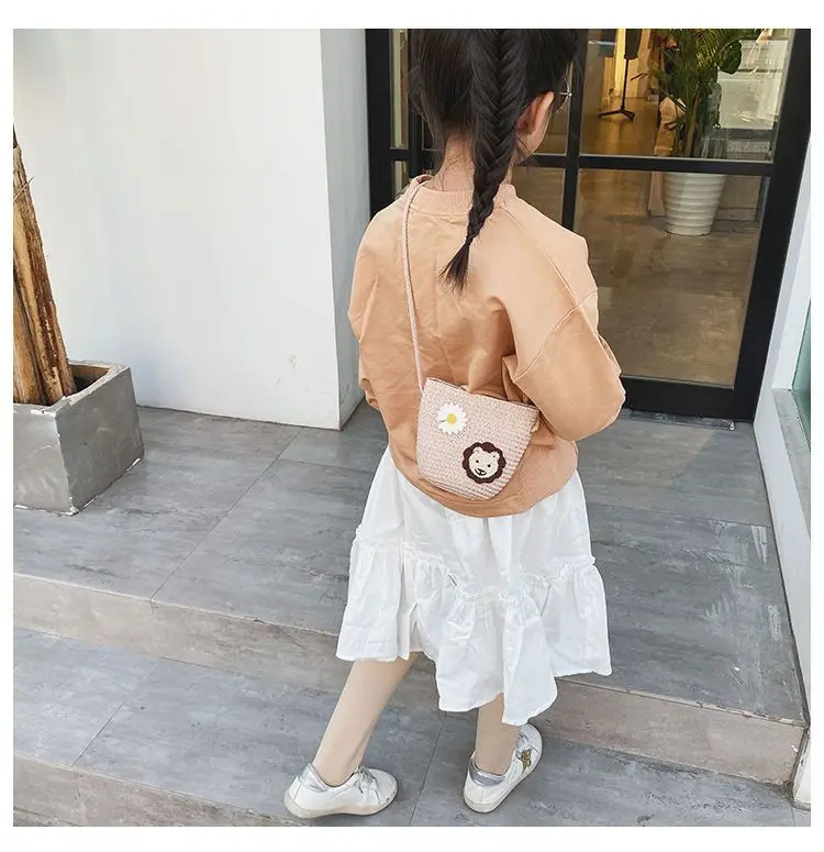 Straw Woven Children Beach Shoulder Bag Cute Girls Princess Animal Crossbody Bags Baby Kids Floral Coin Purse Handbags Wallet