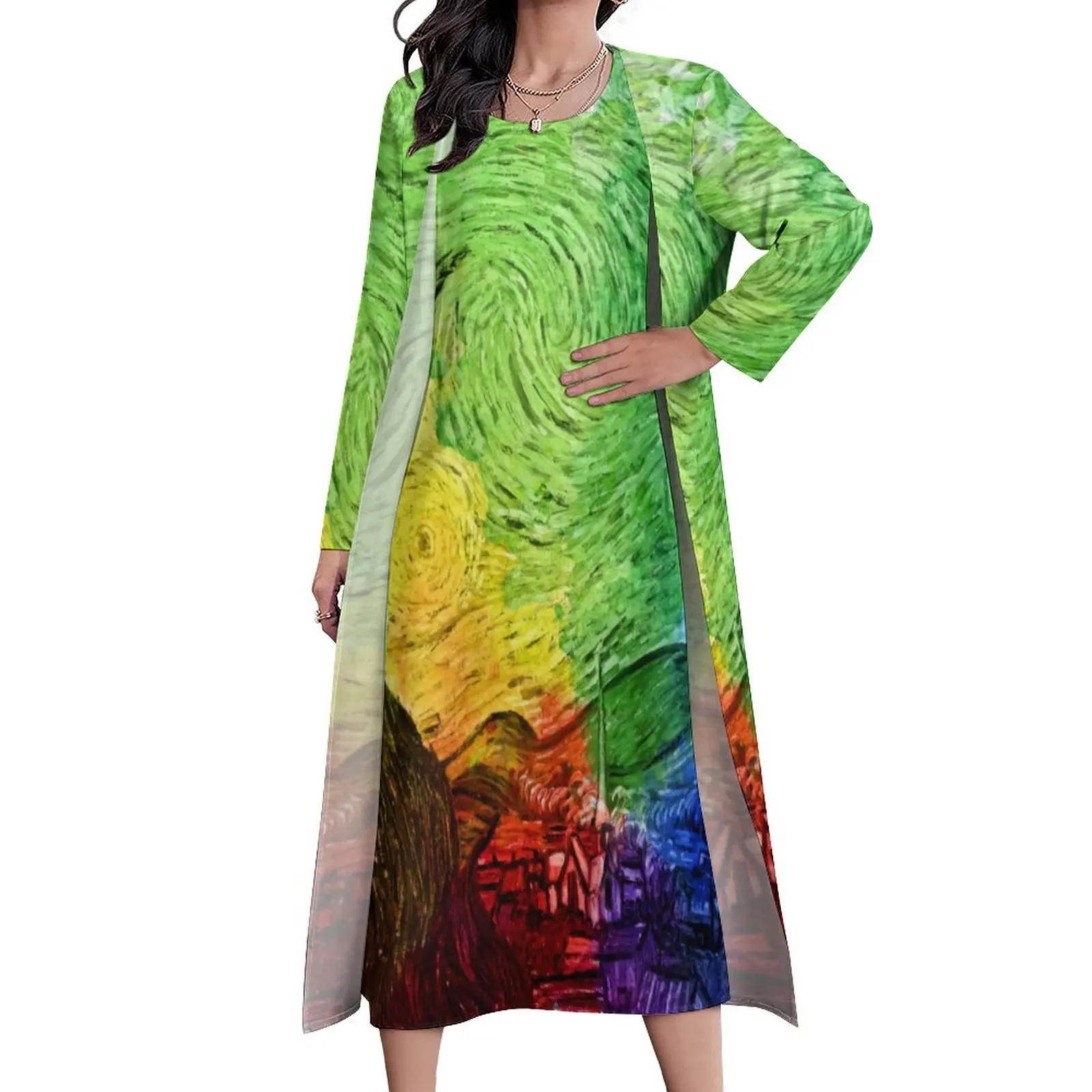 

The Starry Night Dress Color Painting Art Vintage Maxi Dress Long Sleeve Graphic Bohemia Long Dresses Aesthetic Oversize Vestido