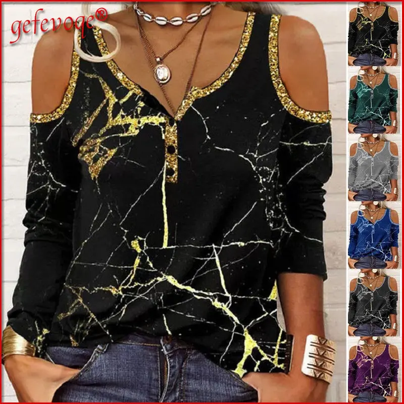 

2022New Spring Summer Plus Size Women Clothing Casual Print Long Sleeve Elegant Sexy V-neck Hollow Out T Shirt Loose Ladies Tops