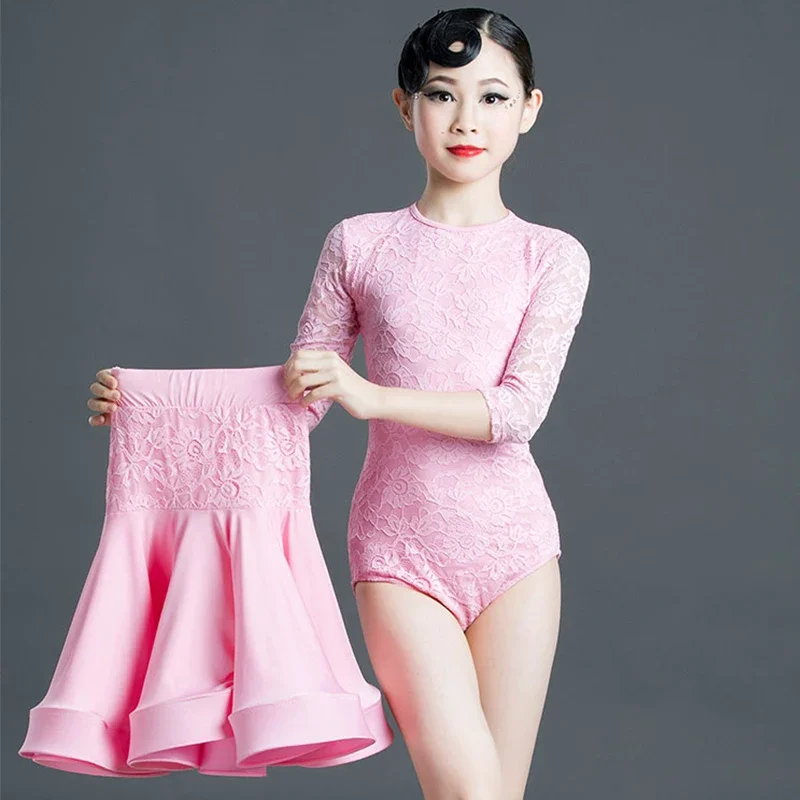 Женское платье для латиноамериканских танцев розовое кружевное соревнований