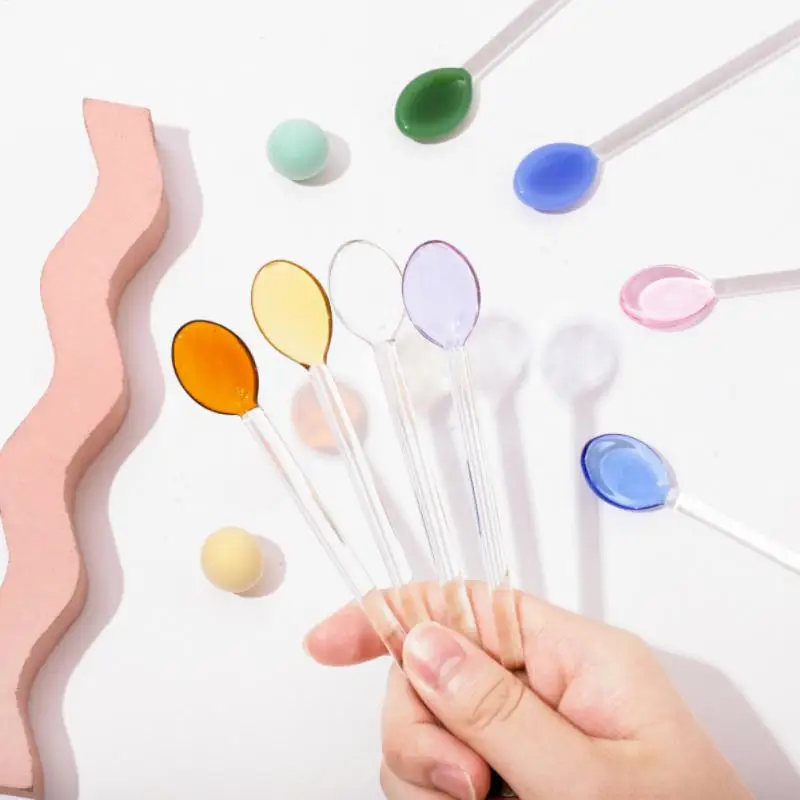 

Colored Glass Mixing Spoons Transparent Glass Spoons Fruit Juice Coffee Iced Beverage Long Handle Mixing Spoons Home Tableware