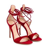 womens peep toe lace up ankle strap shoes sexy party sandals stilettos high heels red faux suede strappy heels plus size 2022