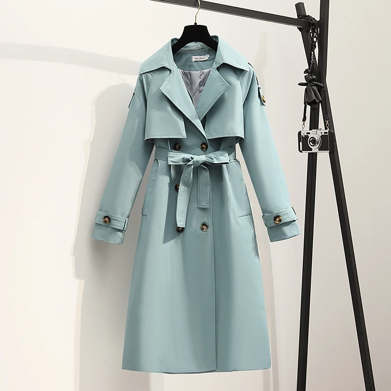 

FTLZZ New Spring Autumn Office Lady Solid Lace-up Turn Down Collar Long Trench Women Fashion Double Breasted Green Jacket Coat