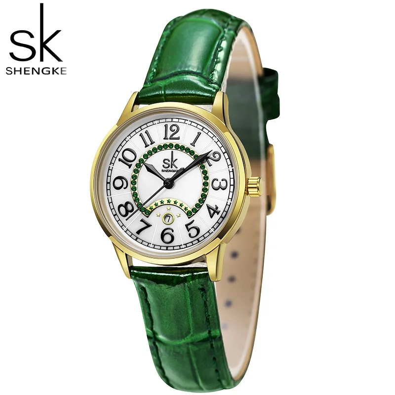 

SHENGKE Fashion Green Leather Strap Calender Woman Watches Elegant Design Ladies Watch Original Women's Quartz Wristwatches SK