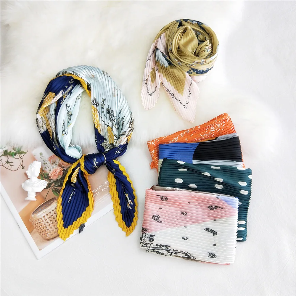 New Stylish Korean Silk Summer Scarf Women Pleated Scarves Girl Neckerchief Printing Bandanas Femme Crinkle Hair Band Scarves