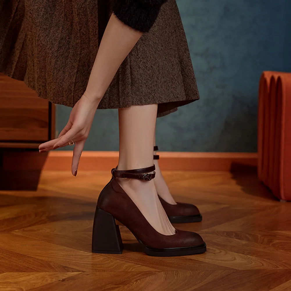 Krainluna Hot Sale Female Mary Janes Pumps Genuine Leather Square High Heels Women Shoes Concise 2022 New Arrival Shoes Woman OL