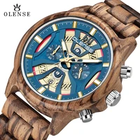 olense men wooden watch multifunction blue dial quartz watch reloj de madera full wood strap chronograph business sport clock