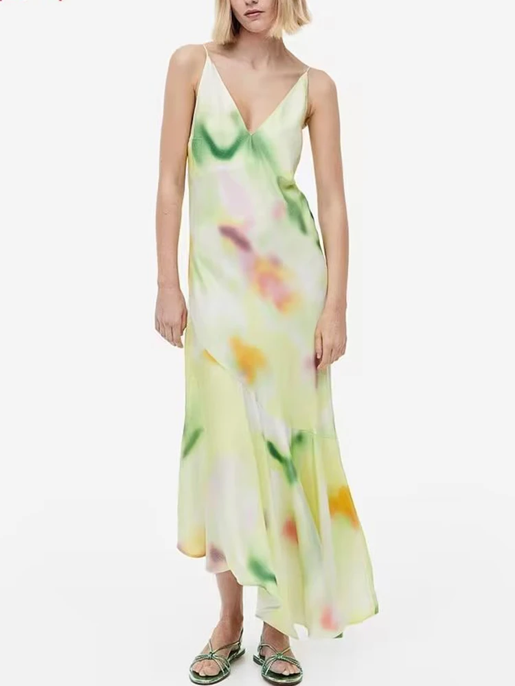 

Asymmetrical Hem Dress Woman Print Strap Long Dresses for Women Summer Sleeveless Dress Women Elegant Slim Midi Dress Female