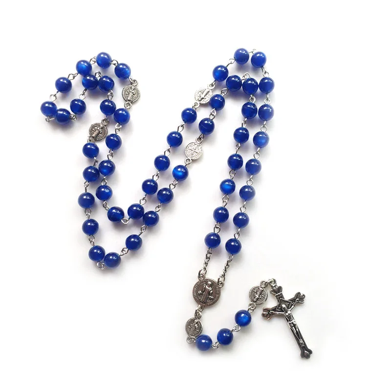 

QIGO Vintage Saint Benedict Rosary Blue Acrylic Beads Strand Cross Necklace Long Religious Prayer Jewelry