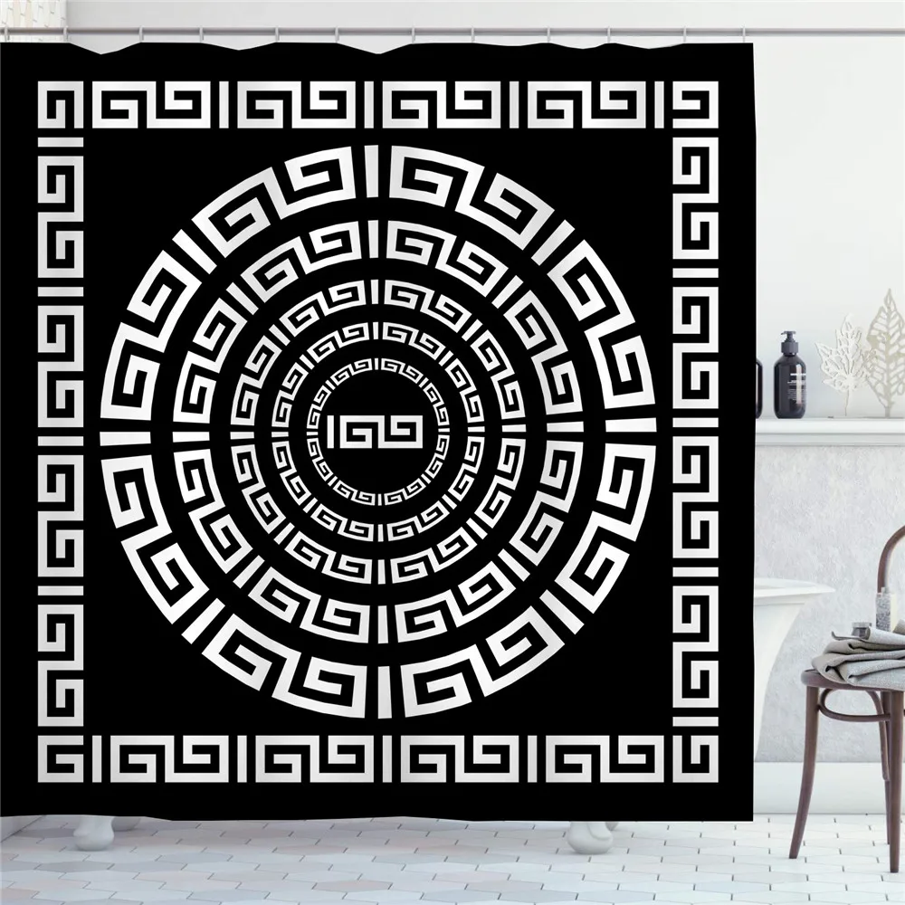

Luxury Baroque Black Gold Shower Curtains Bathroom Curtain Waterproof Geometric Border Bath Curtain with 12 Hooks