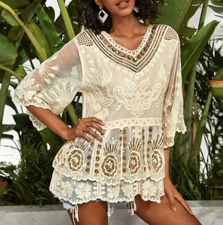 

TEELYNN Sequin floral embroidery lace blouse shirt women cover up beach wear 2020 sexy v neck cotton ruffles summer femme top