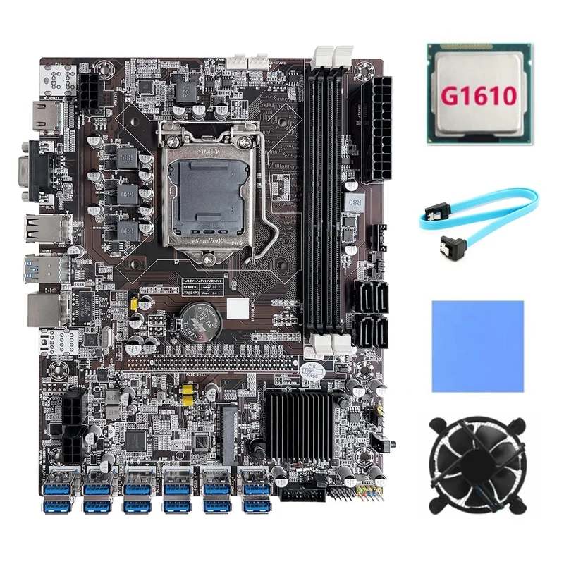 

Материнская плата B75 ETH для майнинга, материнская плата 12 PCIE на USB LGA1155 с процессором G1610 + кабель SATA + сетевой кабель RJ45 + вентилятор охлаждения
