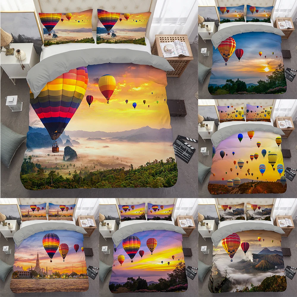 

3D Hot Air Balloon Bedding Set Sunset Sky Duvet Cover Comforter Cover Single Double King Single QueenHome Decor Quilt Cover