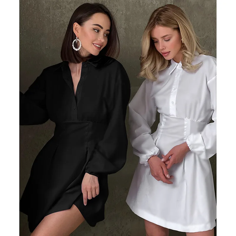 

Puff Sleeve Polo Solid Color Corset Open Back Shirt Swing Skirt Dress Street Wear White Dress Backless Summer Dress