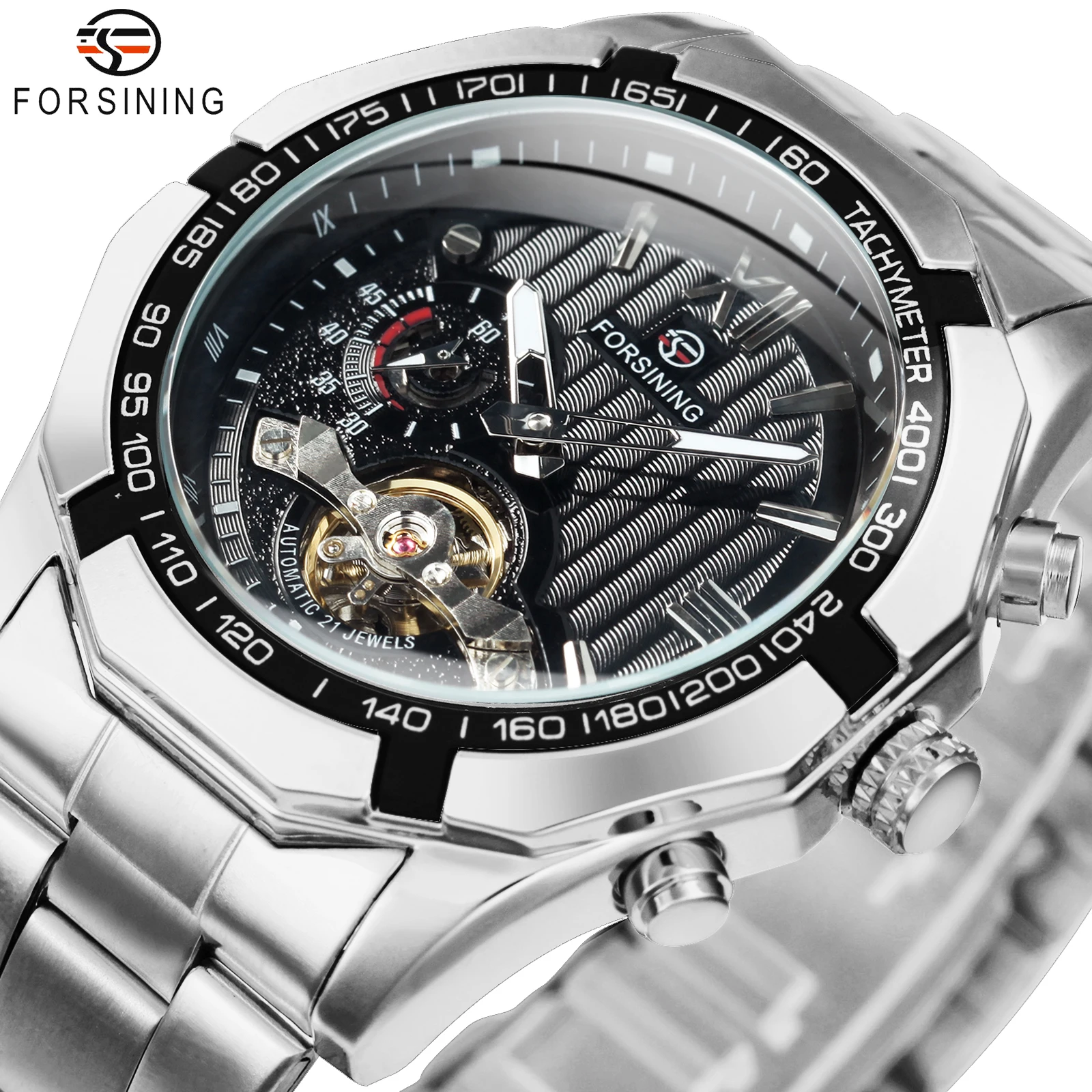

Forsining Flying Tourbillon Mechanical Watches for Men Luminous Hands Luxury Skeleton Automatic Watch Silver Stainless Steel